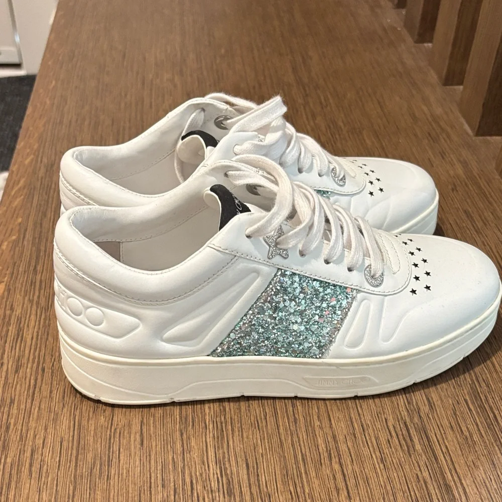 Jimmy Choo White and Teal Glitter Sneakers - Picture 3 of 8